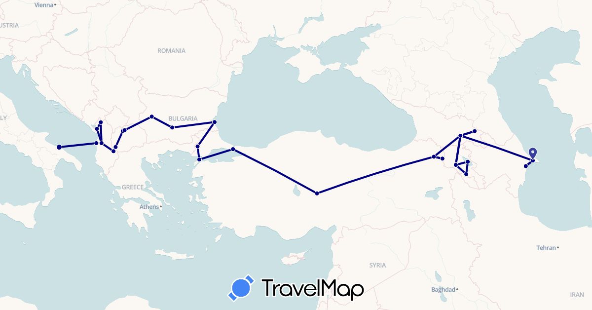 TravelMap itinerary: driving in Albania, Armenia, Azerbaijan, Bulgaria, Georgia, Italy, Macedonia, Turkey (Asia, Europe)